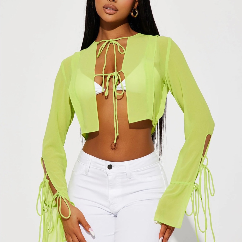 Sheer neon green top with ties